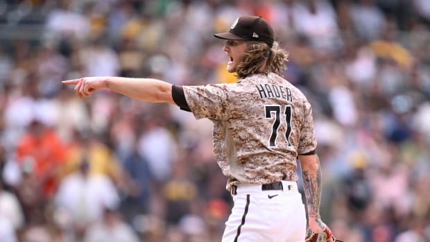 Sep 3, 2023; San Diego, California, USA; San Diego Padres relief pitcher Josh Hader (71) reacts after defeating the San Francisco Giants at Petco Park. Mandatory Credit: Orlando Ramirez-USA TODAY Sports
